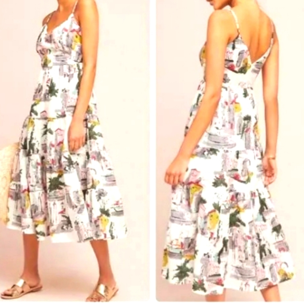 Anthropologie Cityscape Watercolor Structures White Midi Lined Dress Size Large